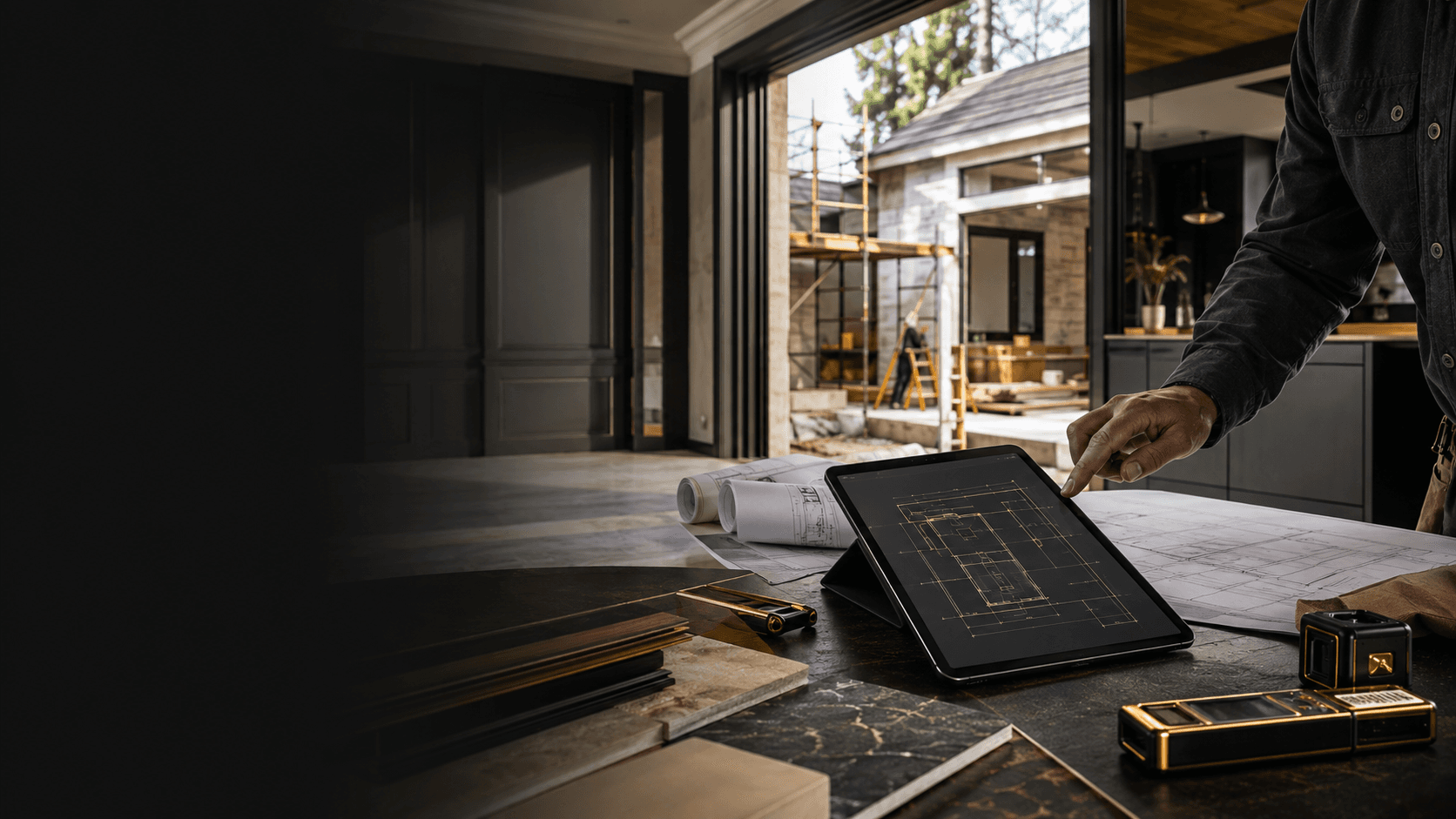 A construction professional reviewing digital plans during a residential renovation